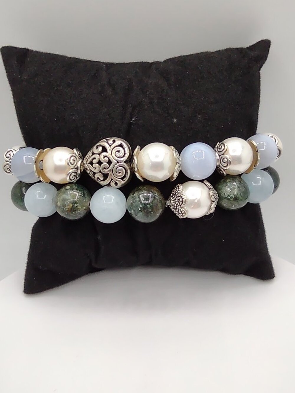 2 Bracelets- Spinel Tourmaline + Cultured Pearls + Natural Stones - Stretch Band